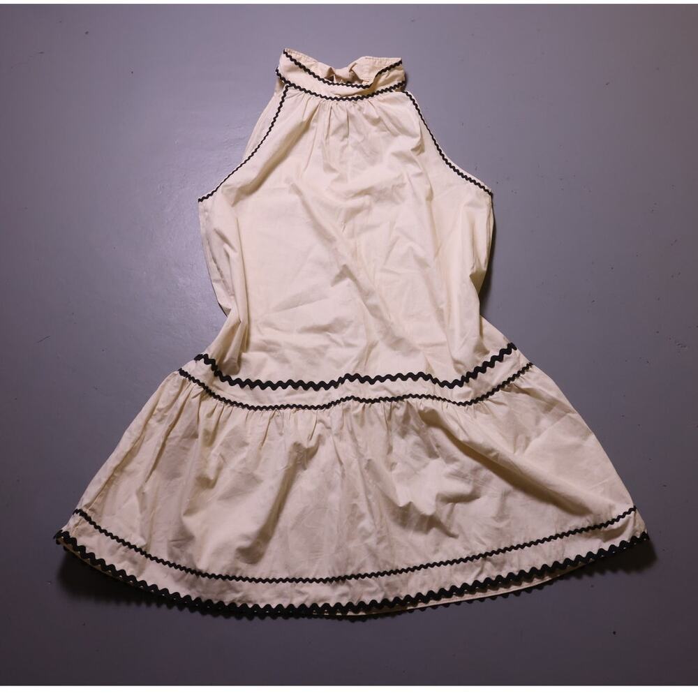 NWT women's cream halter mini dress black ric rac trim top drop waist L